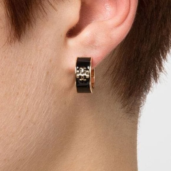 Tory Burch Kira Enamel Hoop Earrings in Black (Brand New) - Picture 3 of 8